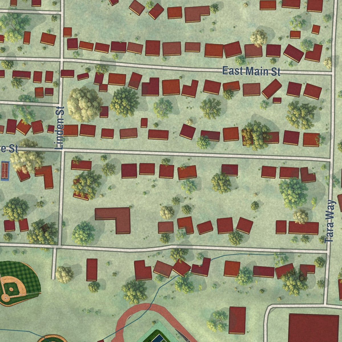 Close-up of the map of Lawton, Iowa print showing street and building detail