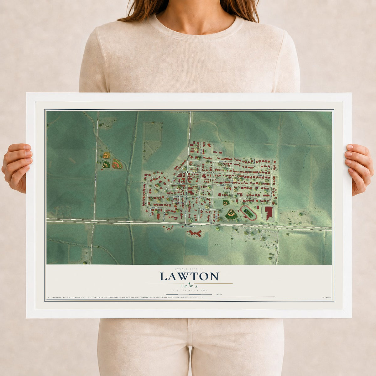 Map of Lawton, Iowa, 12 x 18 inch print in a white wood frame