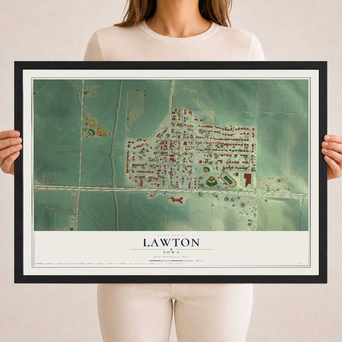 Map of Lawton, Iowa, 18 x 24 inch print in a black wood frame