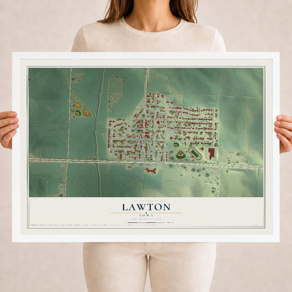 Map of Lawton, Iowa, 18 x 24 inch print in a white wood frame