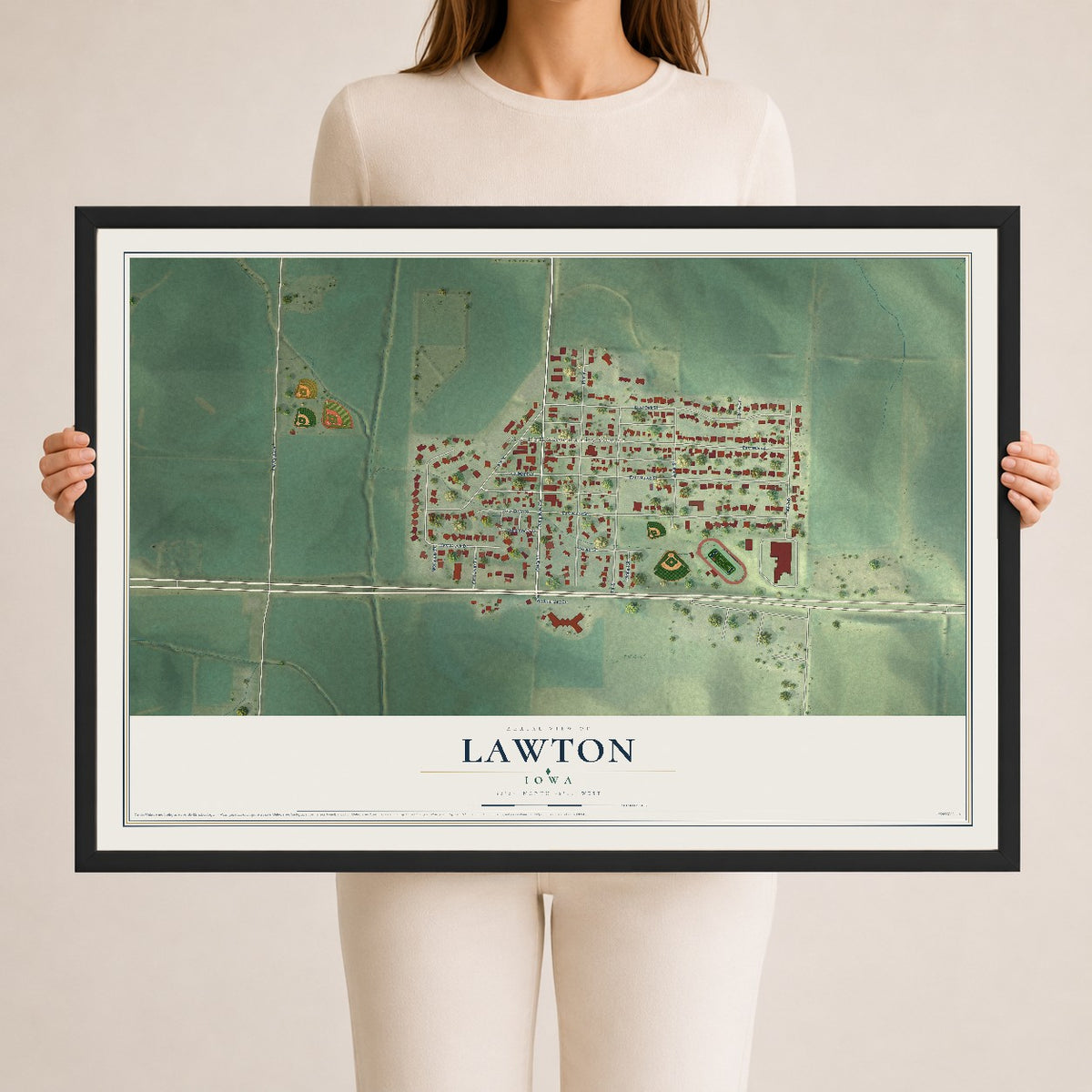 Map of Lawton, Iowa, 24 x 36 inch print in a black wood frame