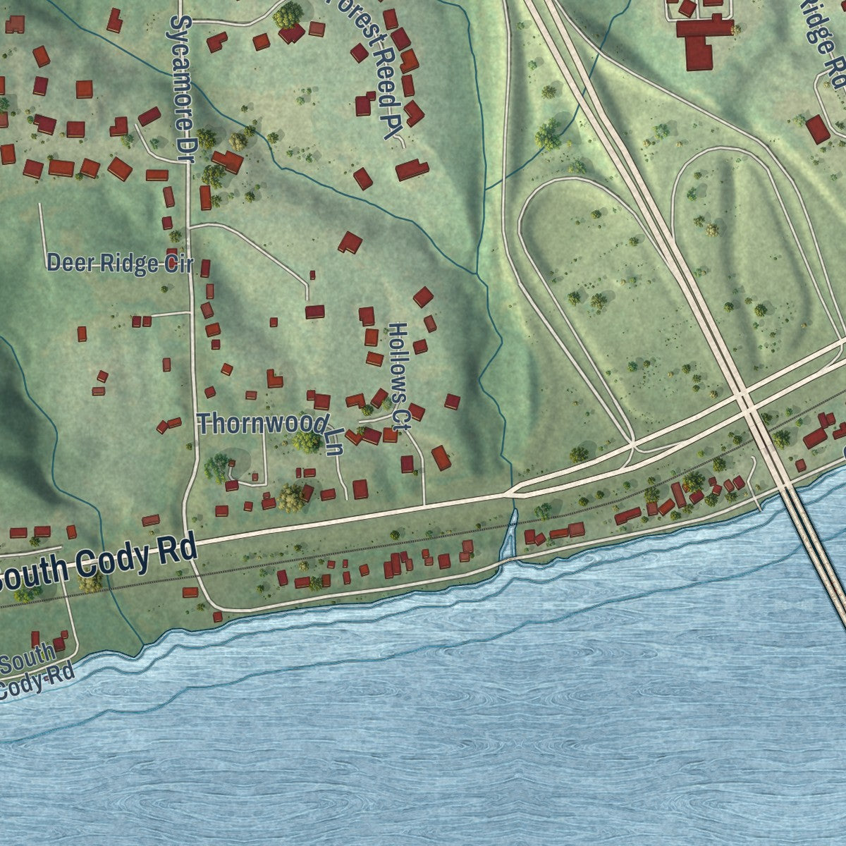 Second close-up of the map of Le Claire, Iowa print showing more streets and buildings
