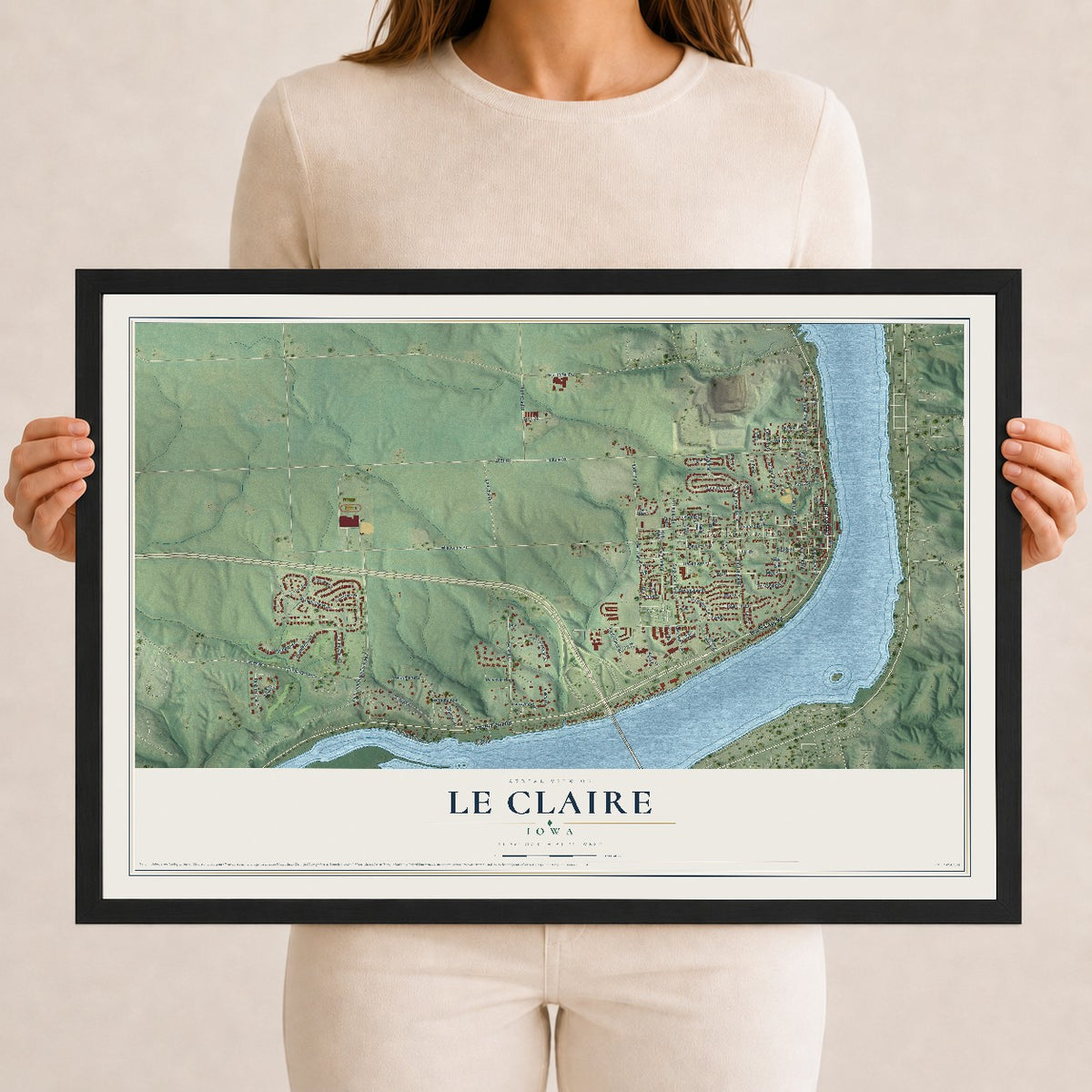 Map of Le Claire, Iowa, 12 x 18 inch print in a black wood frame