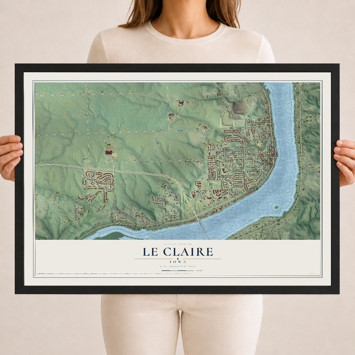 Map of Le Claire, Iowa, 18 x 24 inch print in a black wood frame