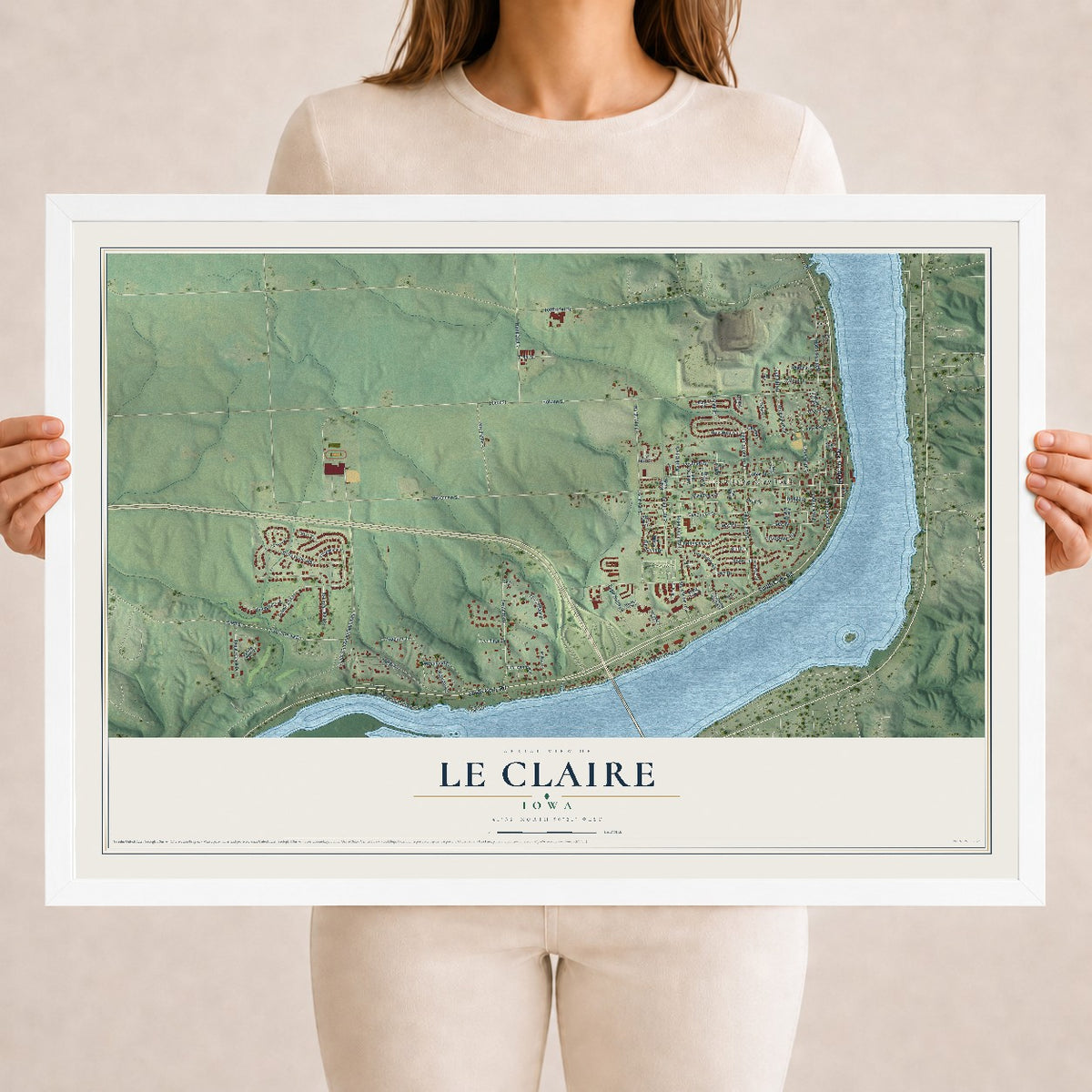 Map of Le Claire, Iowa, 18 x 24 inch print in a white wood frame