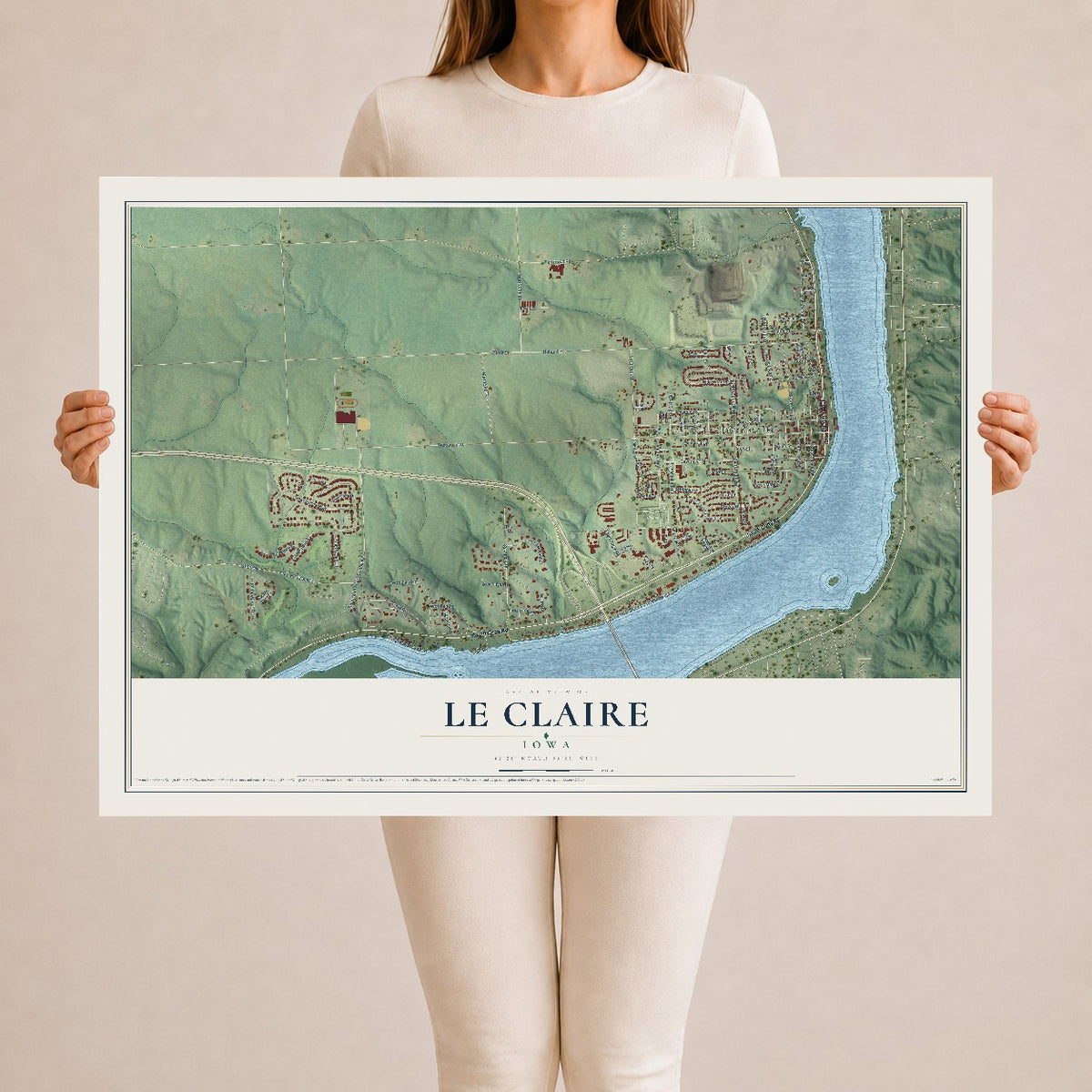 Map of Le Claire, Iowa, 24 x 36 inch unframed archival matte print