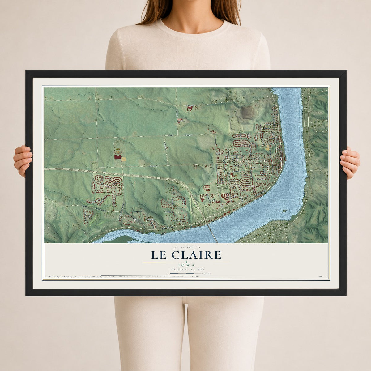 Map of Le Claire, Iowa, 24 x 36 inch print in a black wood frame