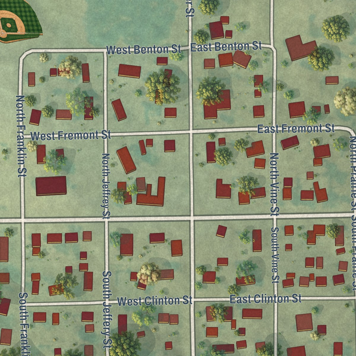Close-up of the map of Le Grand, Iowa print showing street and building detail