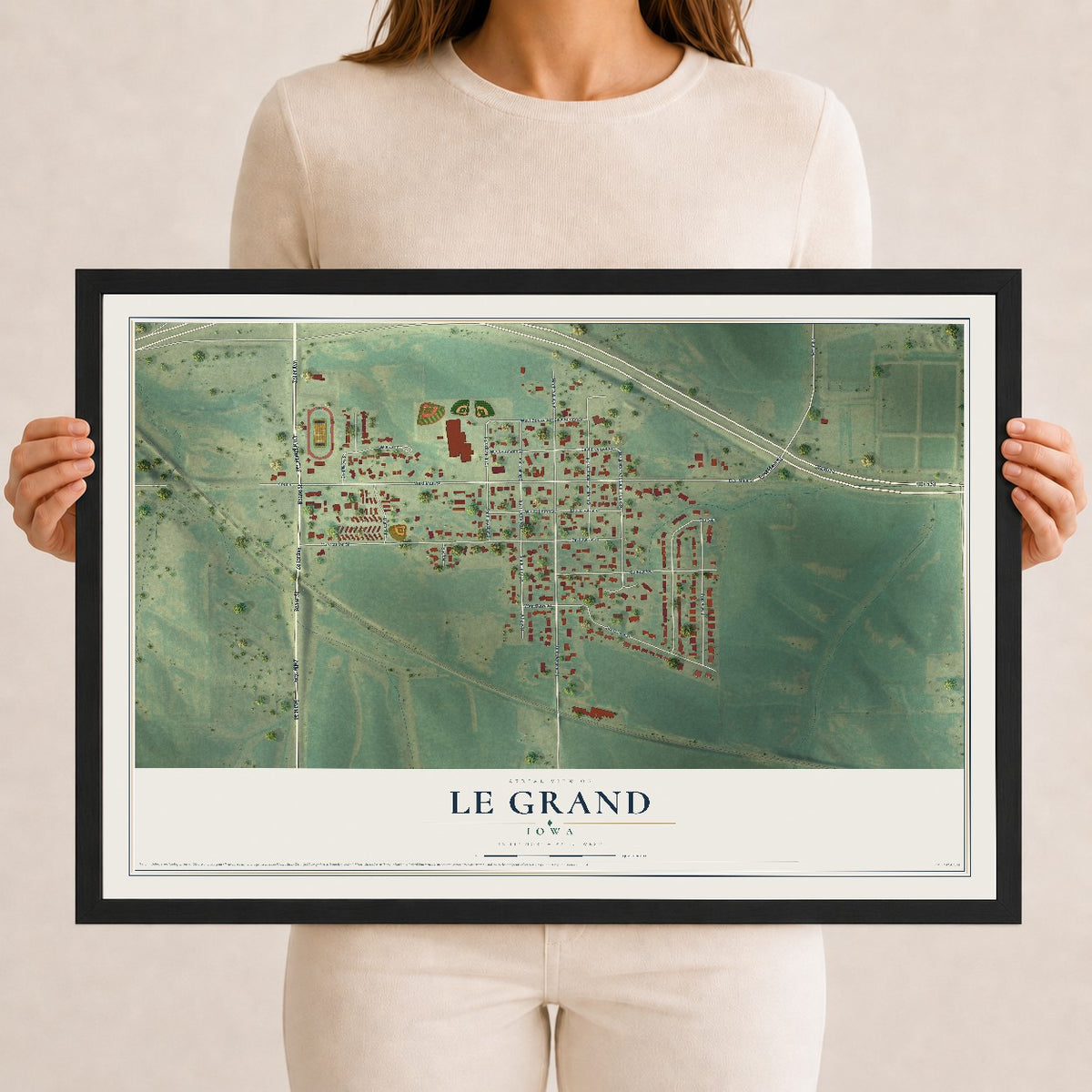 Map of Le Grand, Iowa, 12 x 18 inch print in a black wood frame