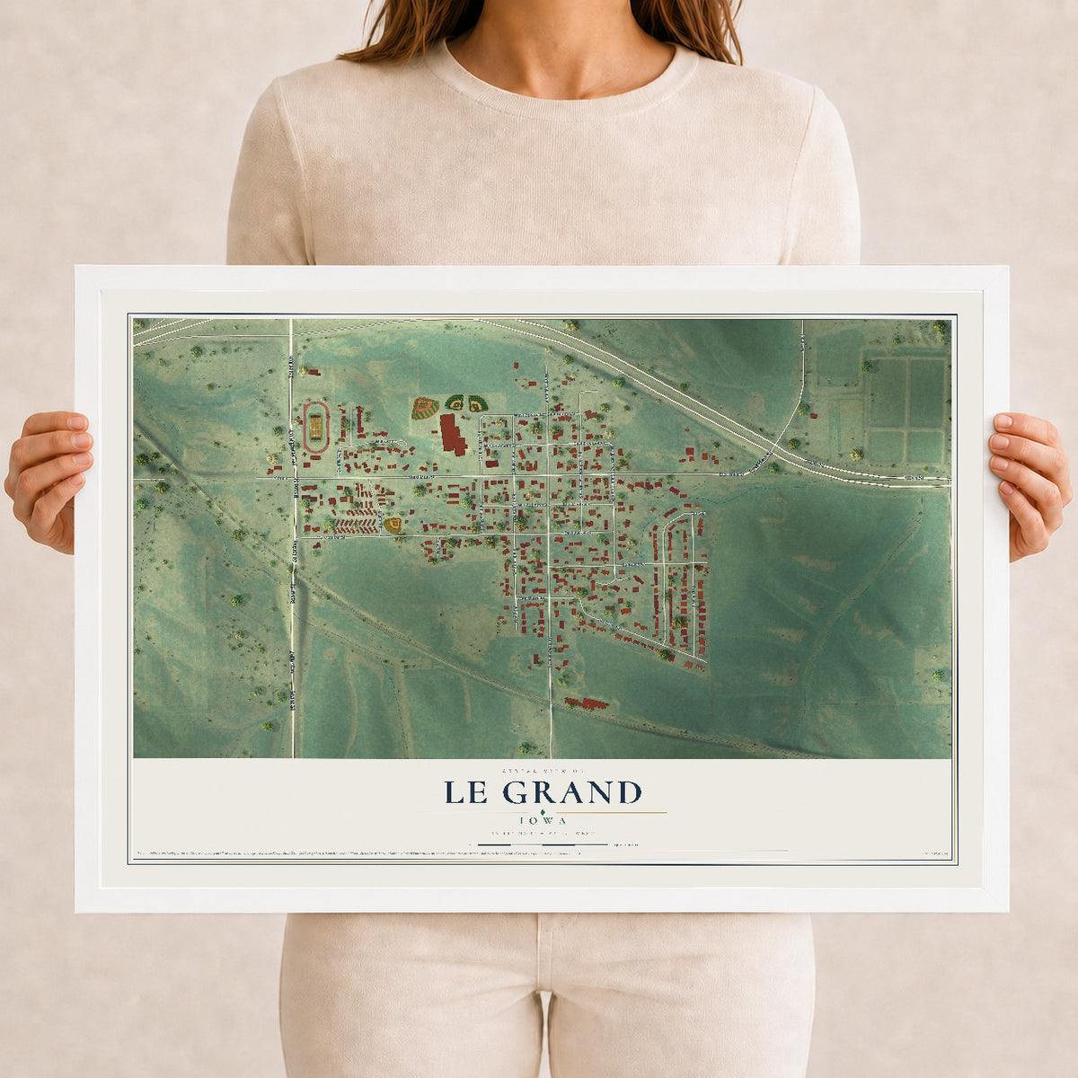 Map of Le Grand, Iowa, 12 x 18 inch print in a white wood frame