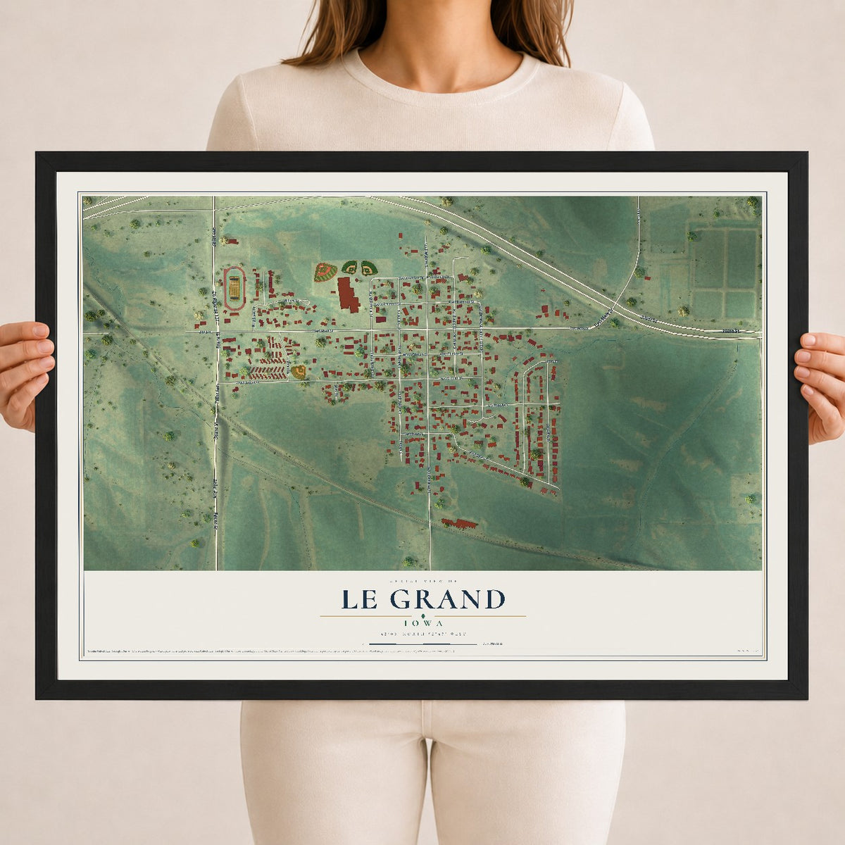 Map of Le Grand, Iowa, 18 x 24 inch print in a black wood frame