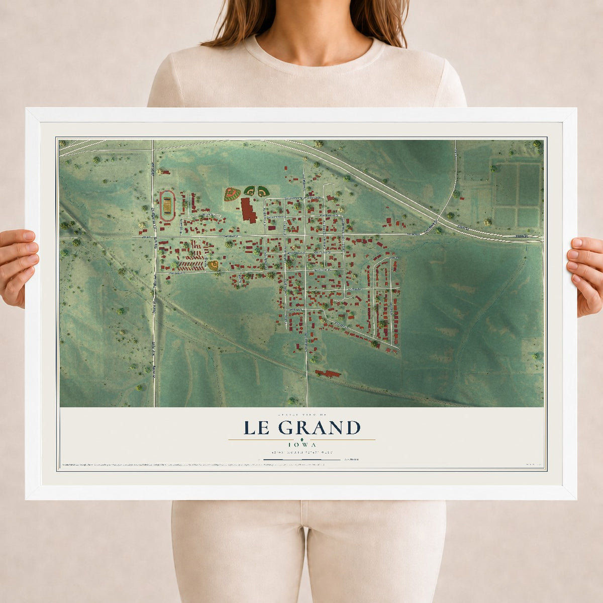 Map of Le Grand, Iowa, 18 x 24 inch print in a white wood frame