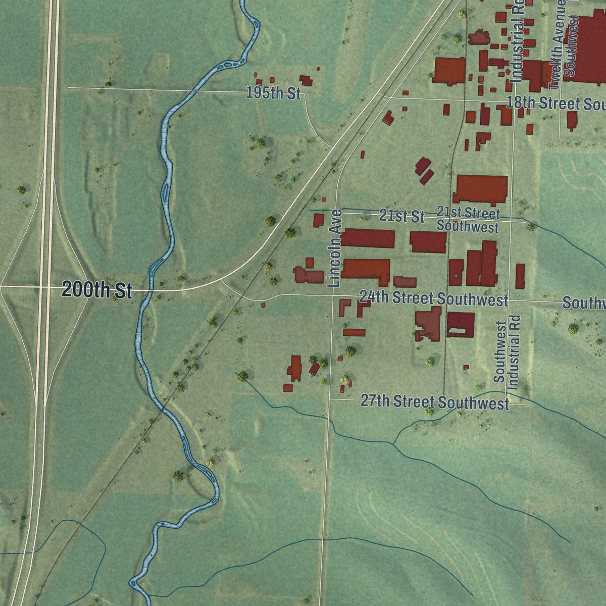 Second close-up of the map of Le Mars, Iowa print showing more streets and buildings