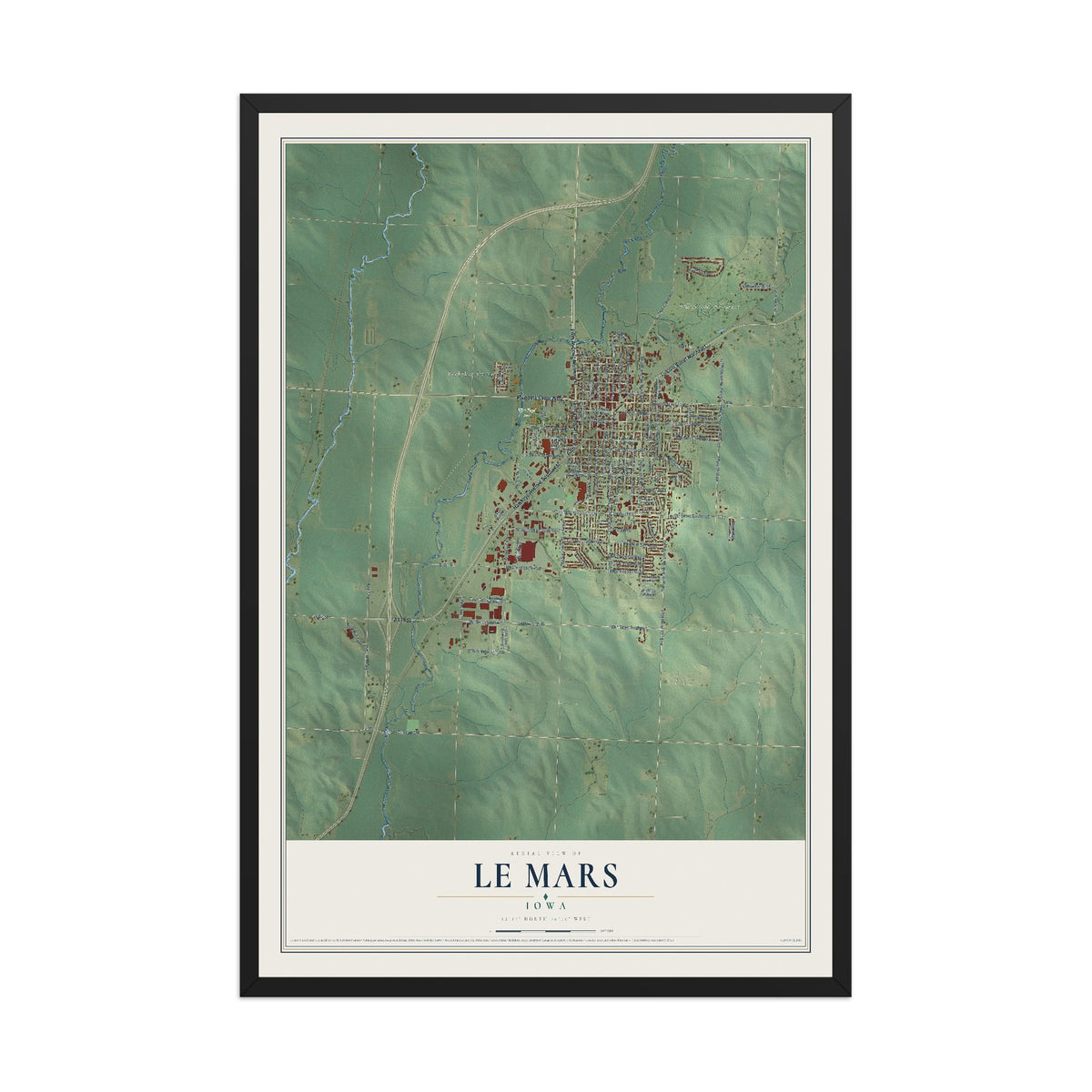 Map of Le Mars, Iowa, 12 x 18 inch print in a black wood frame