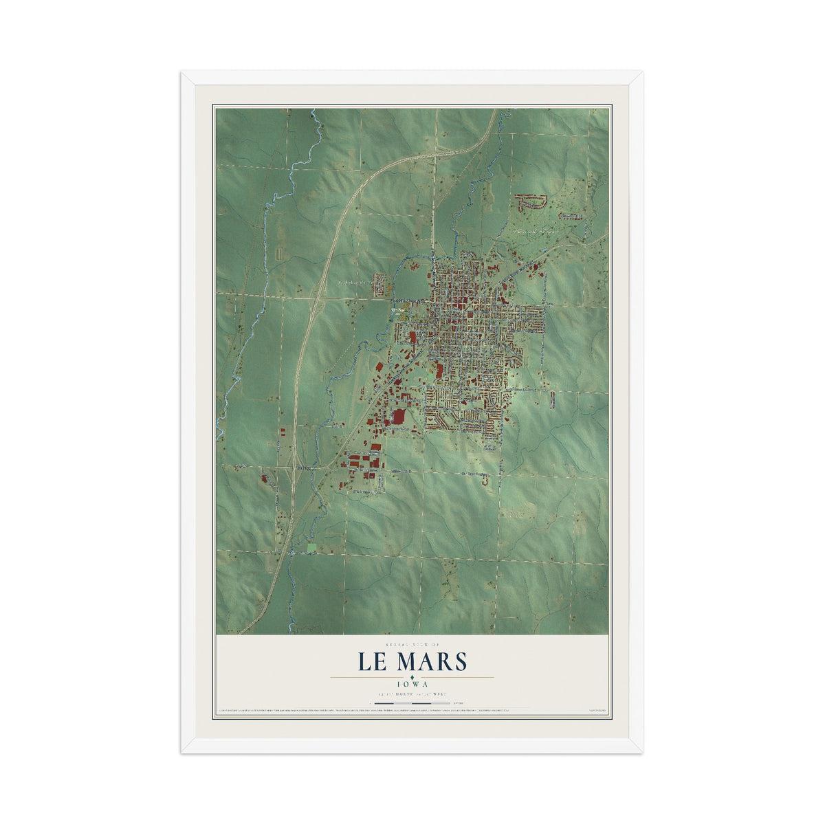 Map of Le Mars, Iowa, 12 x 18 inch print in a white wood frame