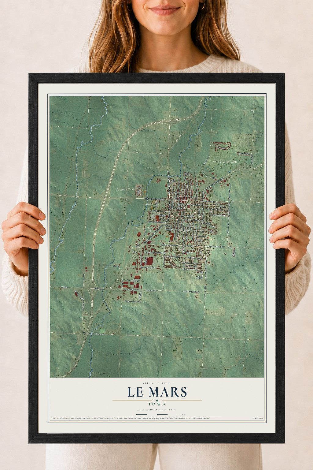 Map of Le Mars, Iowa, 18 x 24 inch print in a black wood frame