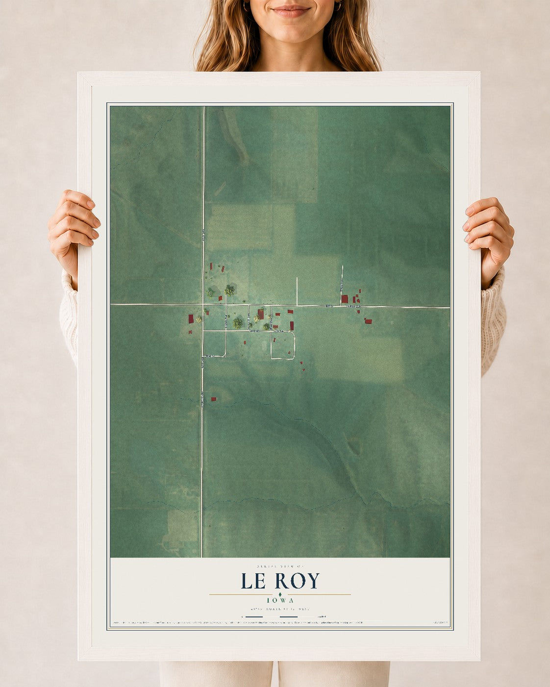 Map of Le Roy, Iowa, 24 x 36 inch print in a white wood frame