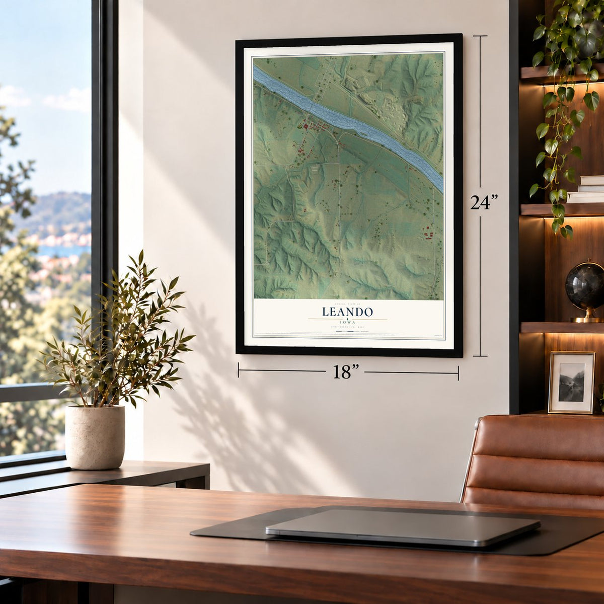 Leando, Iowa map, 18 x 24 inch print in a black frame in a home office