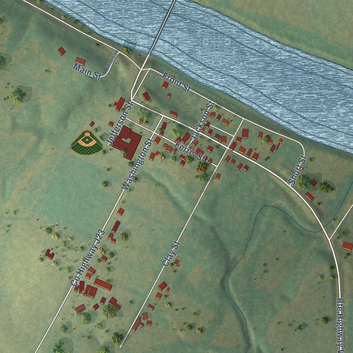 Close-up of the map of Leando, Iowa print showing street and building detail