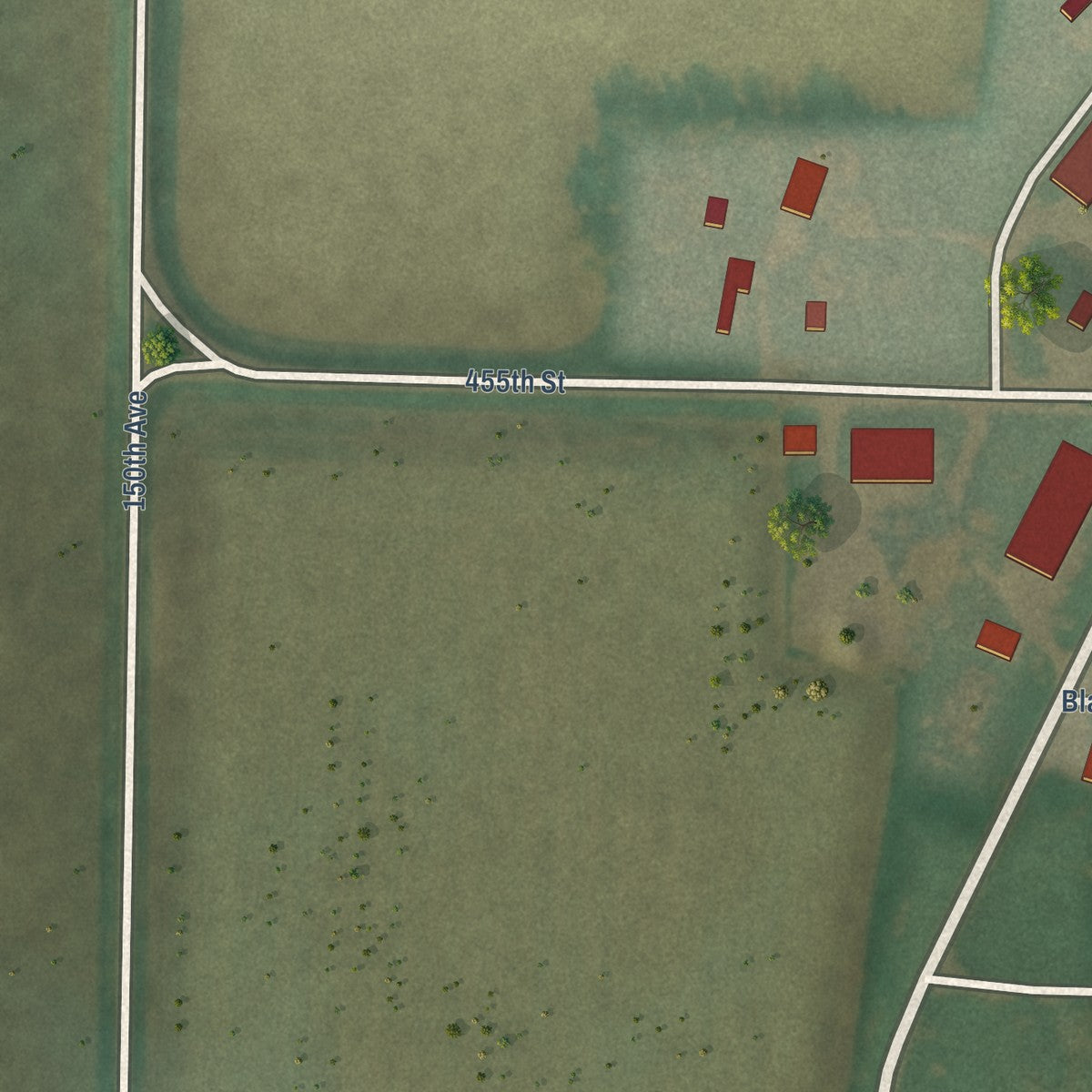 Second close-up of the map of Ledyard, Iowa print showing more streets and buildings