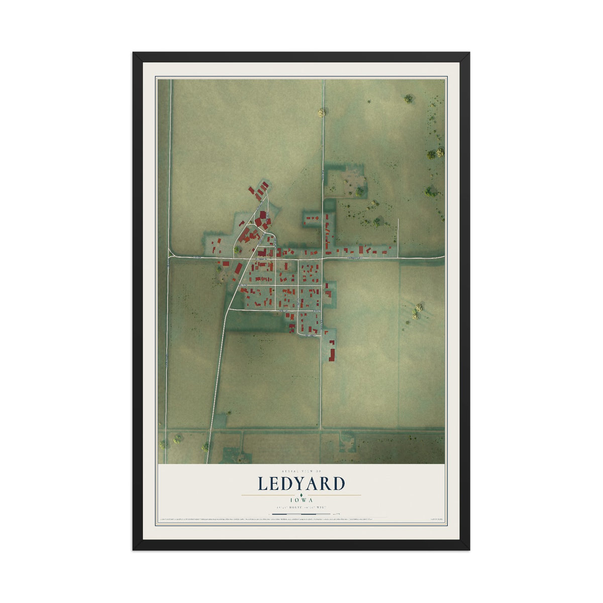 Map of Ledyard, Iowa, 12 x 18 inch print in a black wood frame