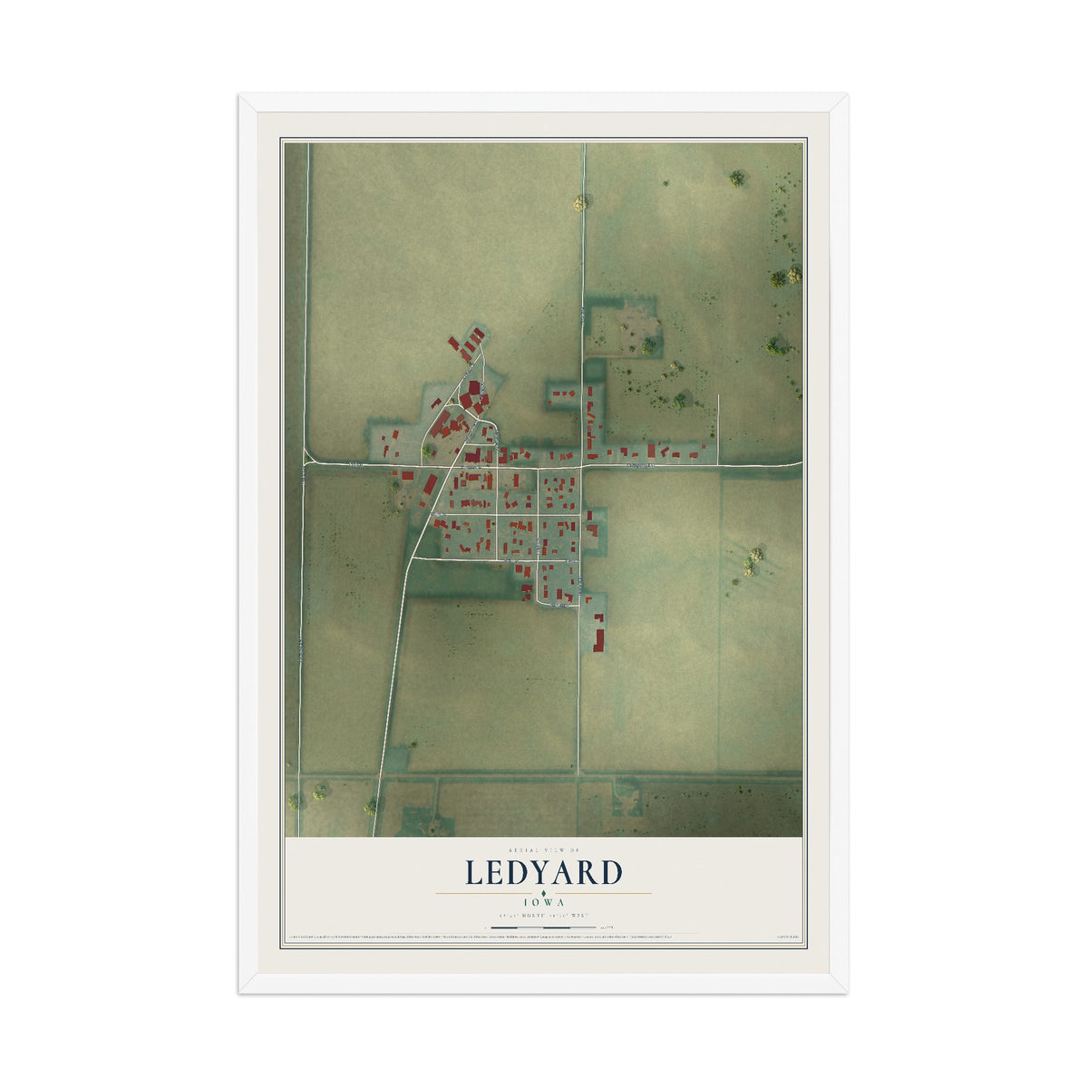 Map of Ledyard, Iowa, 12 x 18 inch print in a white wood frame