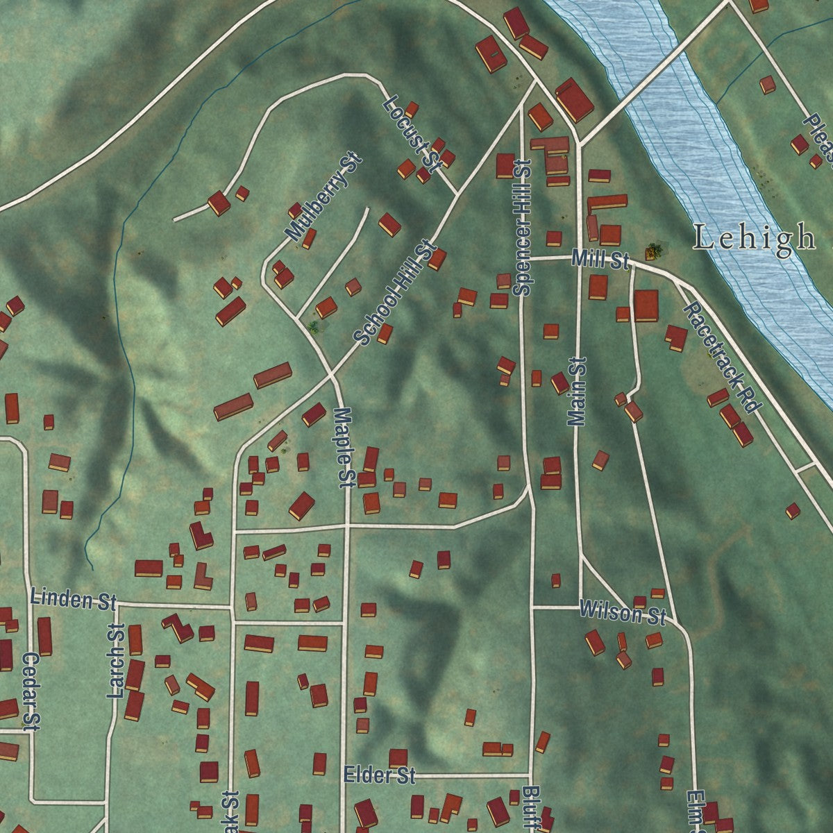 Close-up of the map of Lehigh, Iowa print showing street and building detail