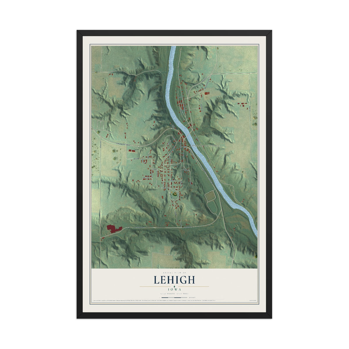Map of Lehigh, Iowa, 12 x 18 inch print in a black wood frame