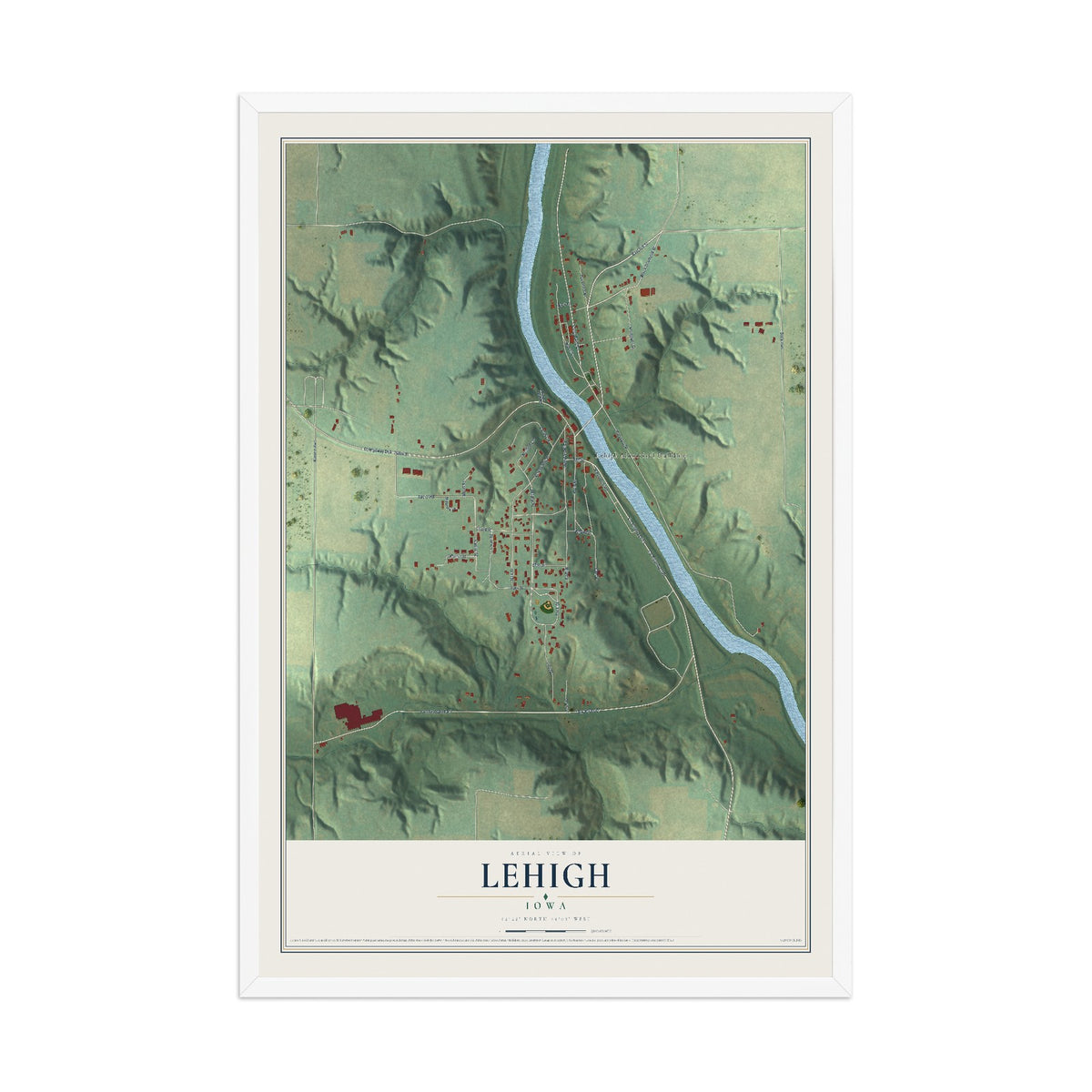 Map of Lehigh, Iowa, 12 x 18 inch print in a white wood frame