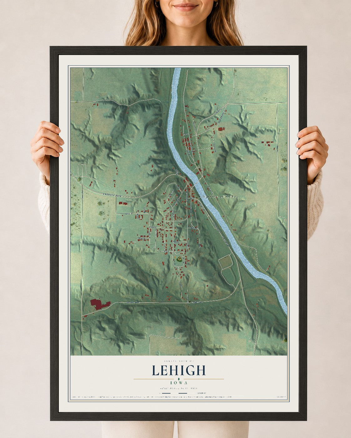 Map of Lehigh, Iowa, 24 x 36 inch print in a black wood frame