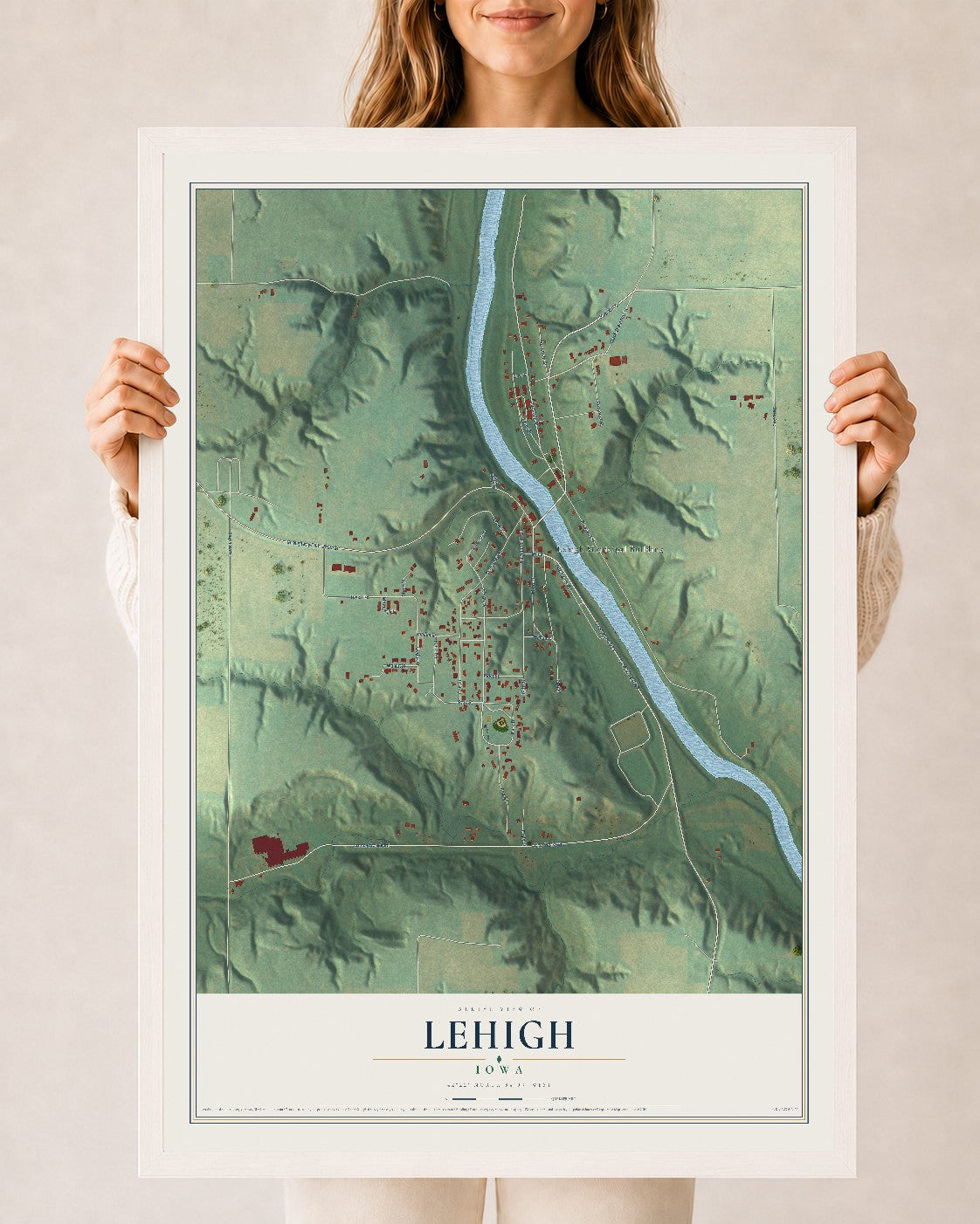 Map of Lehigh, Iowa, 24 x 36 inch print in a white wood frame