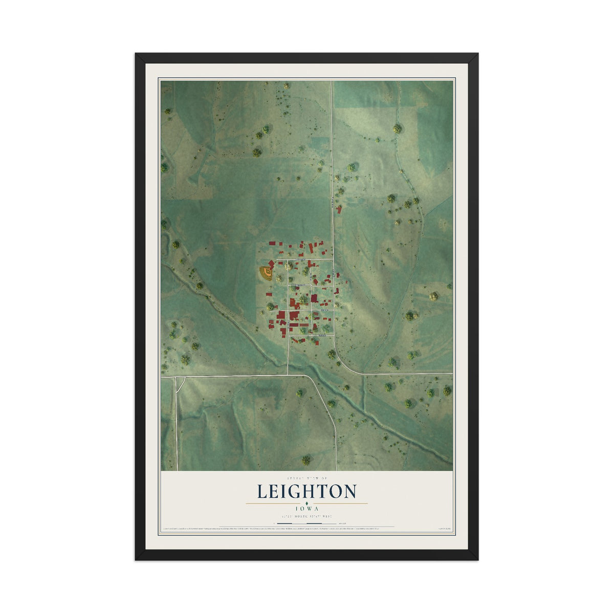 Map of Leighton, Iowa, 12 x 18 inch print in a black wood frame