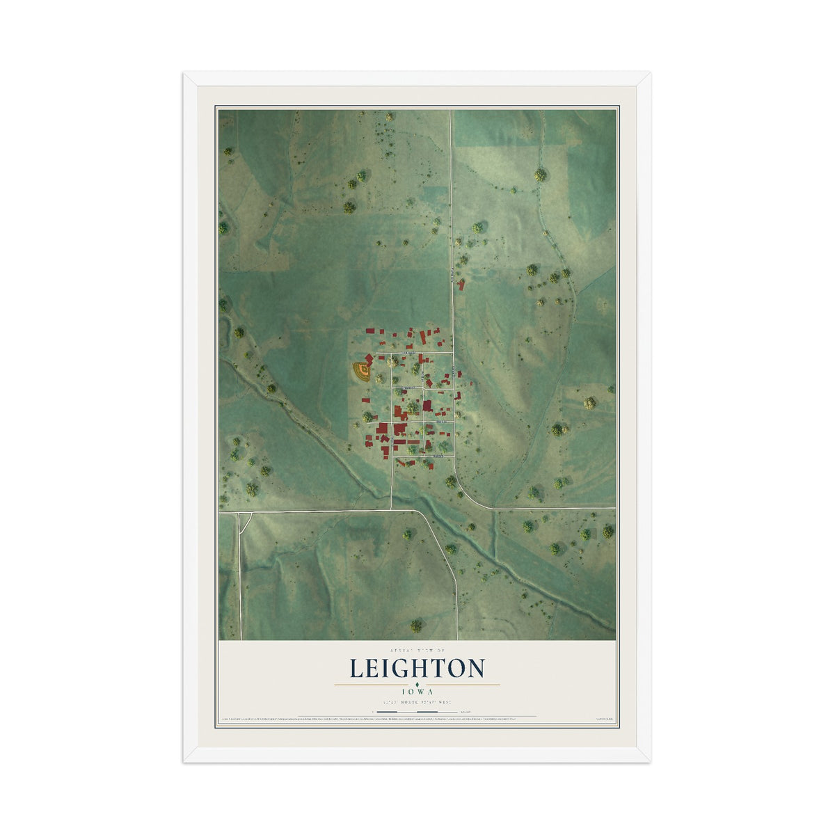 Map of Leighton, Iowa, 12 x 18 inch print in a white wood frame