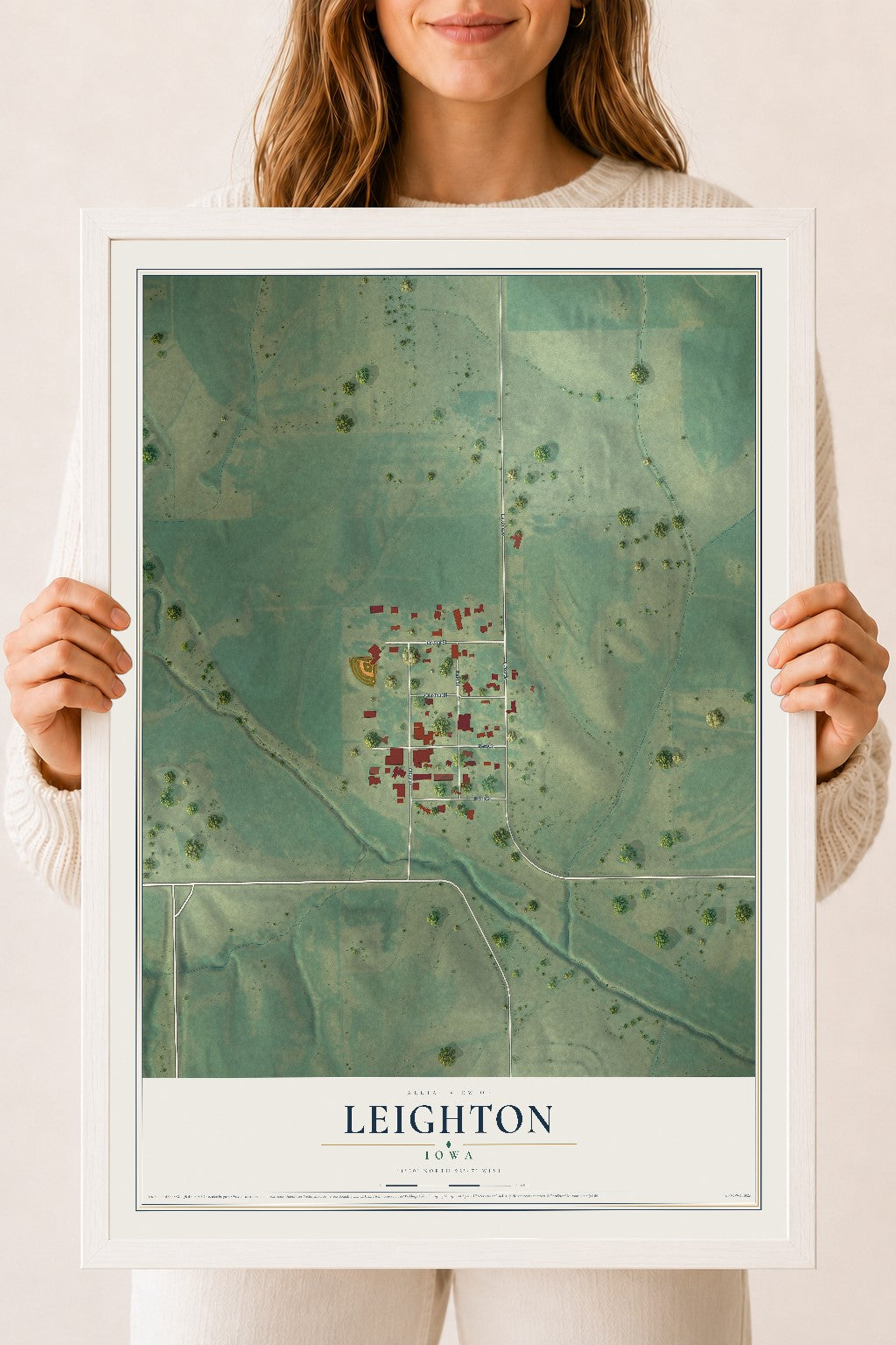 Map of Leighton, Iowa, 18 x 24 inch print in a white wood frame