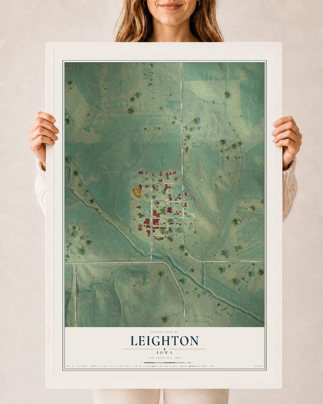 Map of Leighton, Iowa, 24 x 36 inch print in a white wood frame