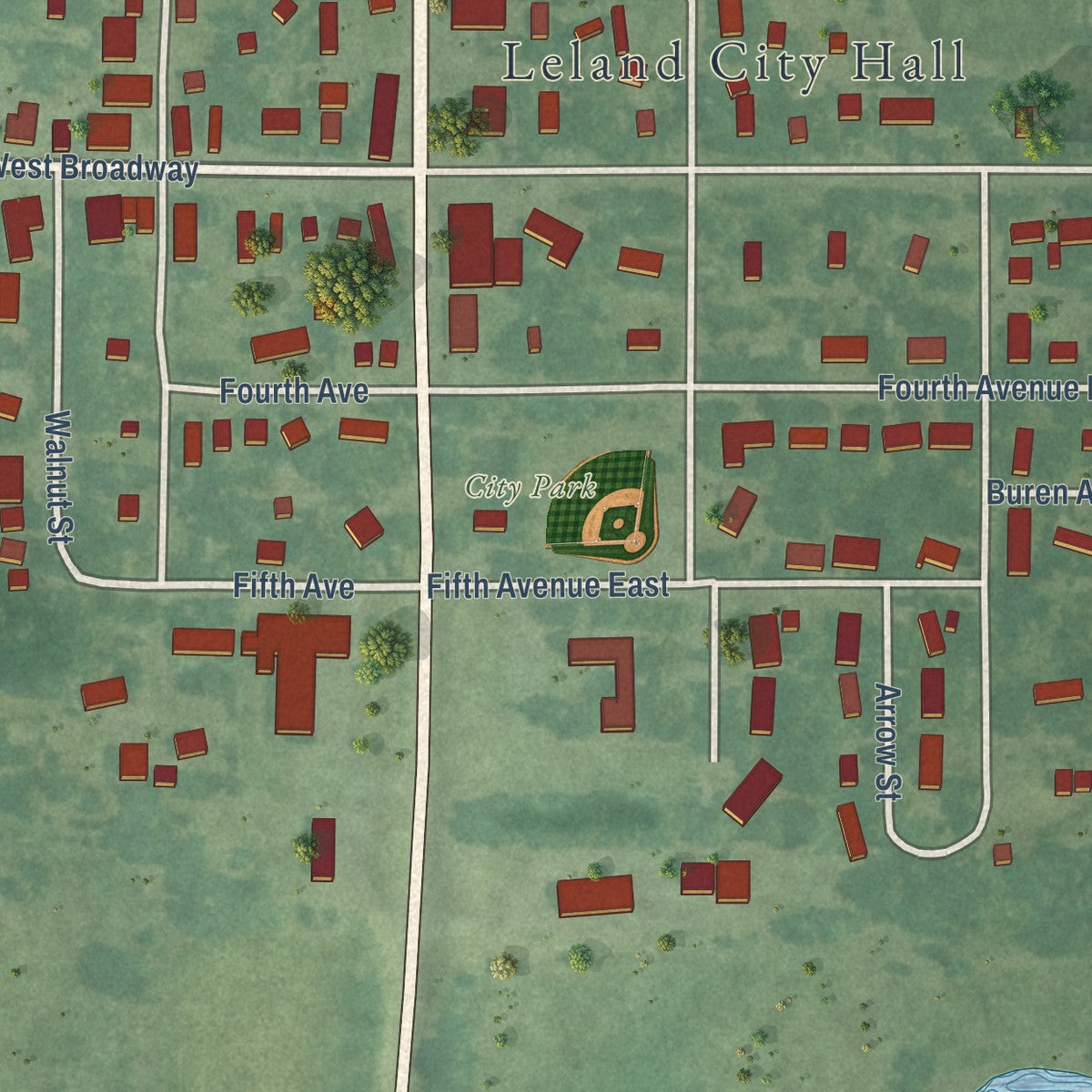 Close-up of the map of Leland, Iowa print showing street and building detail