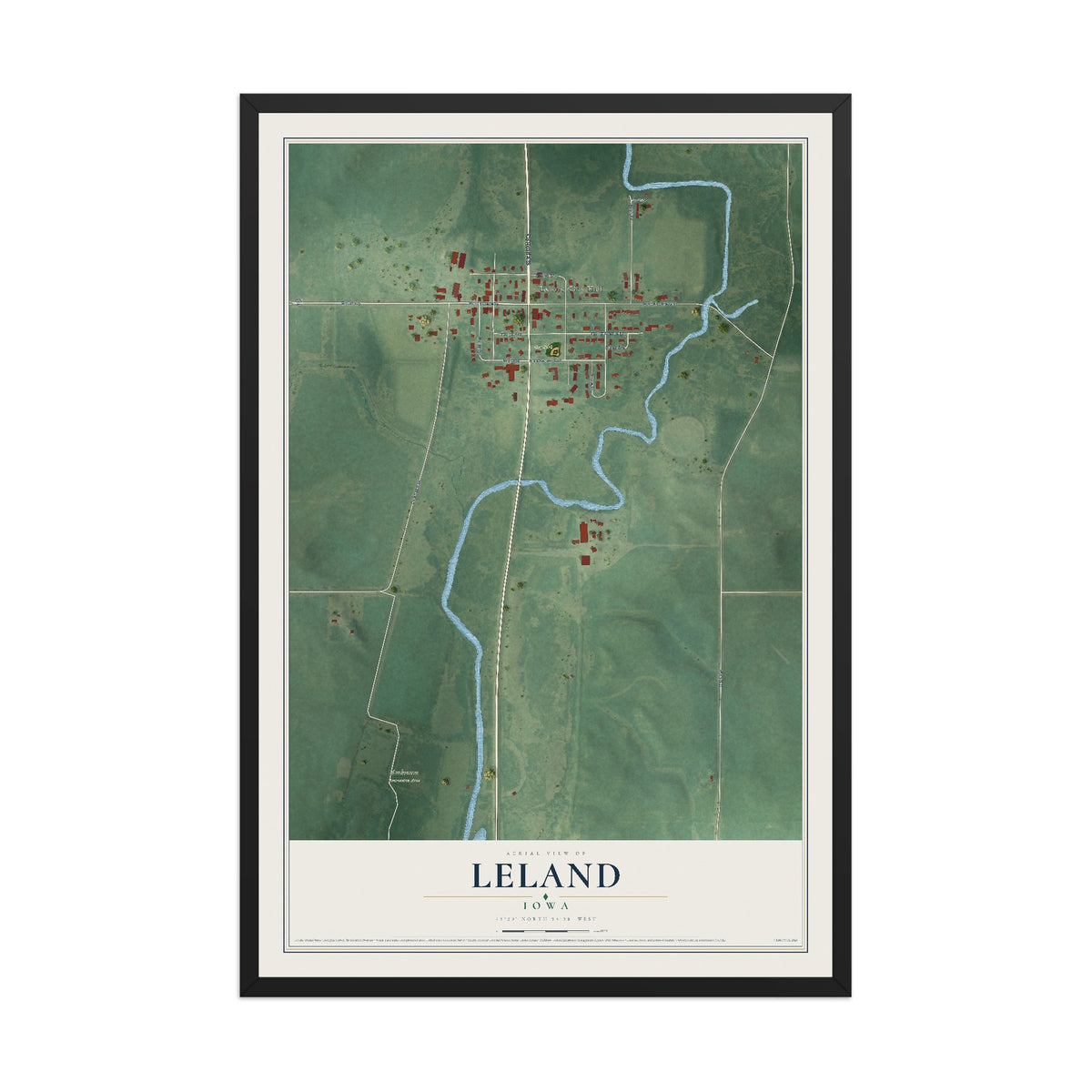 Map of Leland, Iowa, 12 x 18 inch print in a black wood frame