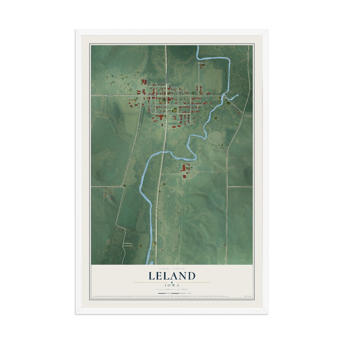 Map of Leland, Iowa, 12 x 18 inch print in a white wood frame