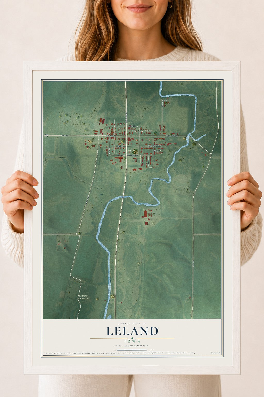 Map of Leland, Iowa, 18 x 24 inch print in a white wood frame