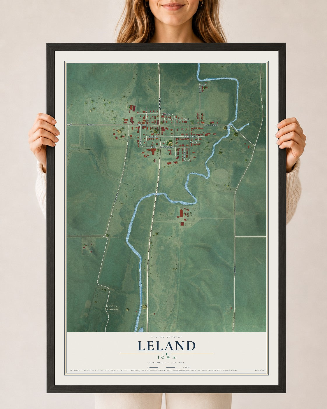 Map of Leland, Iowa, 24 x 36 inch print in a black wood frame
