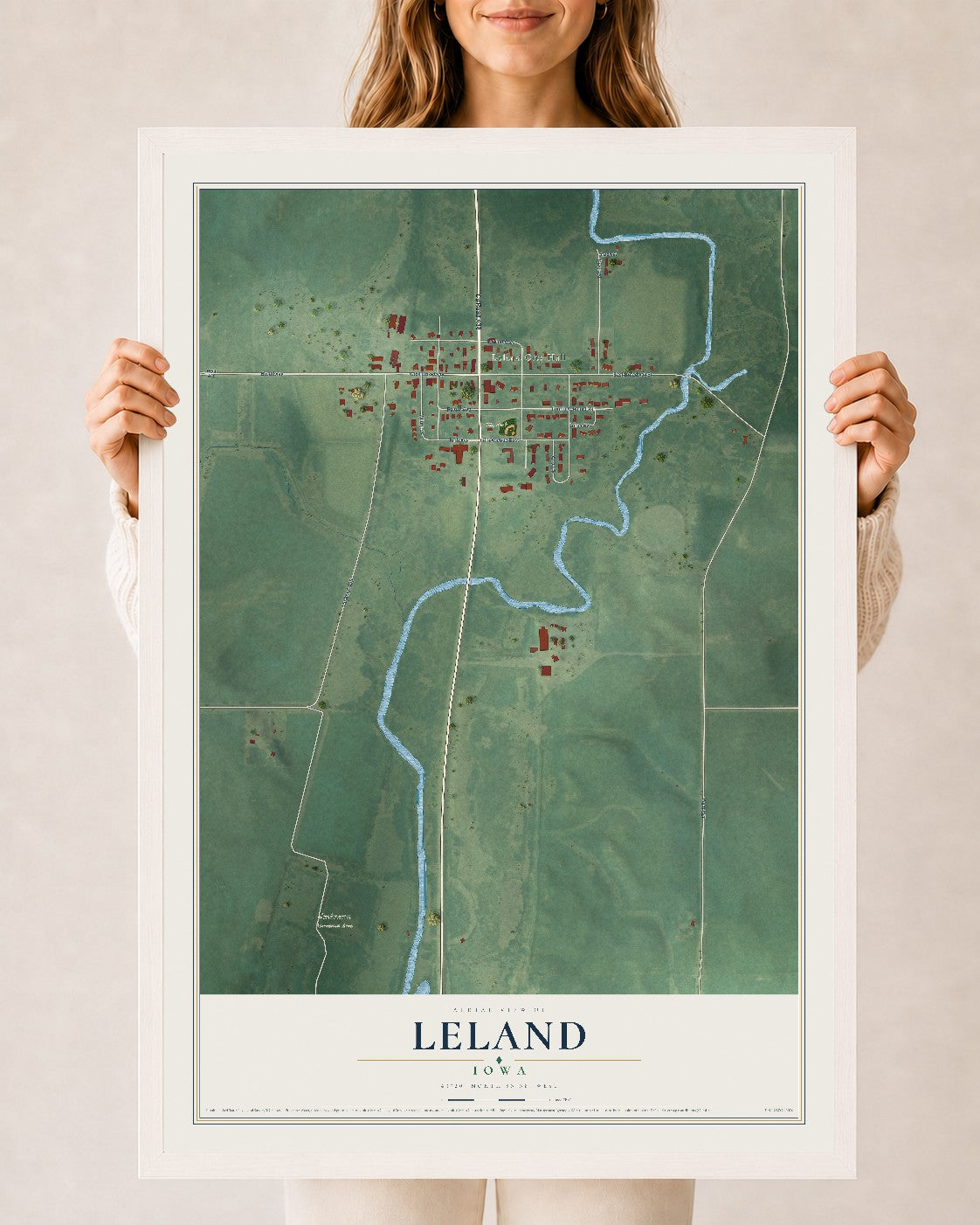 Map of Leland, Iowa, 24 x 36 inch print in a white wood frame