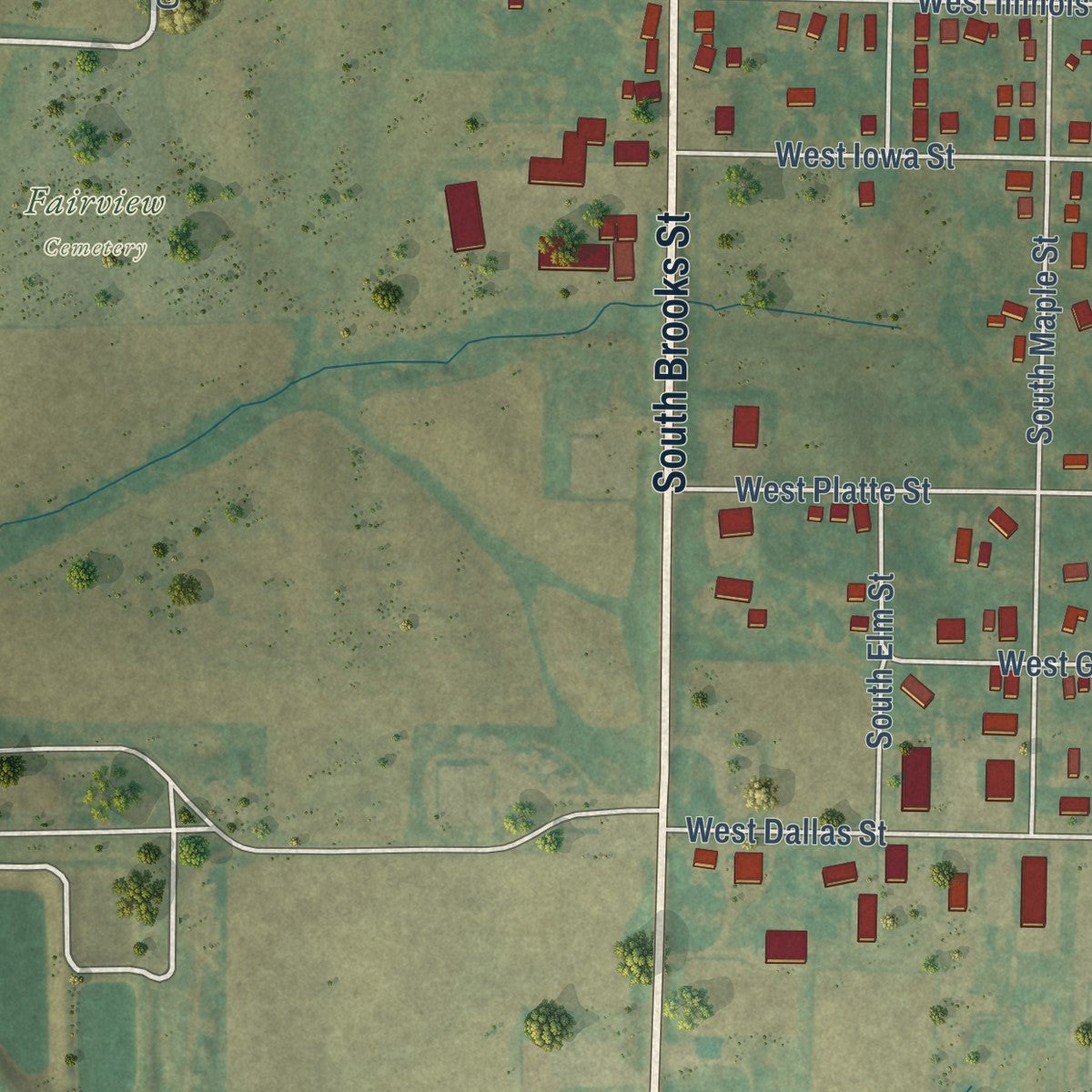 Second close-up of the map of Lenox, Iowa print showing more streets and buildings