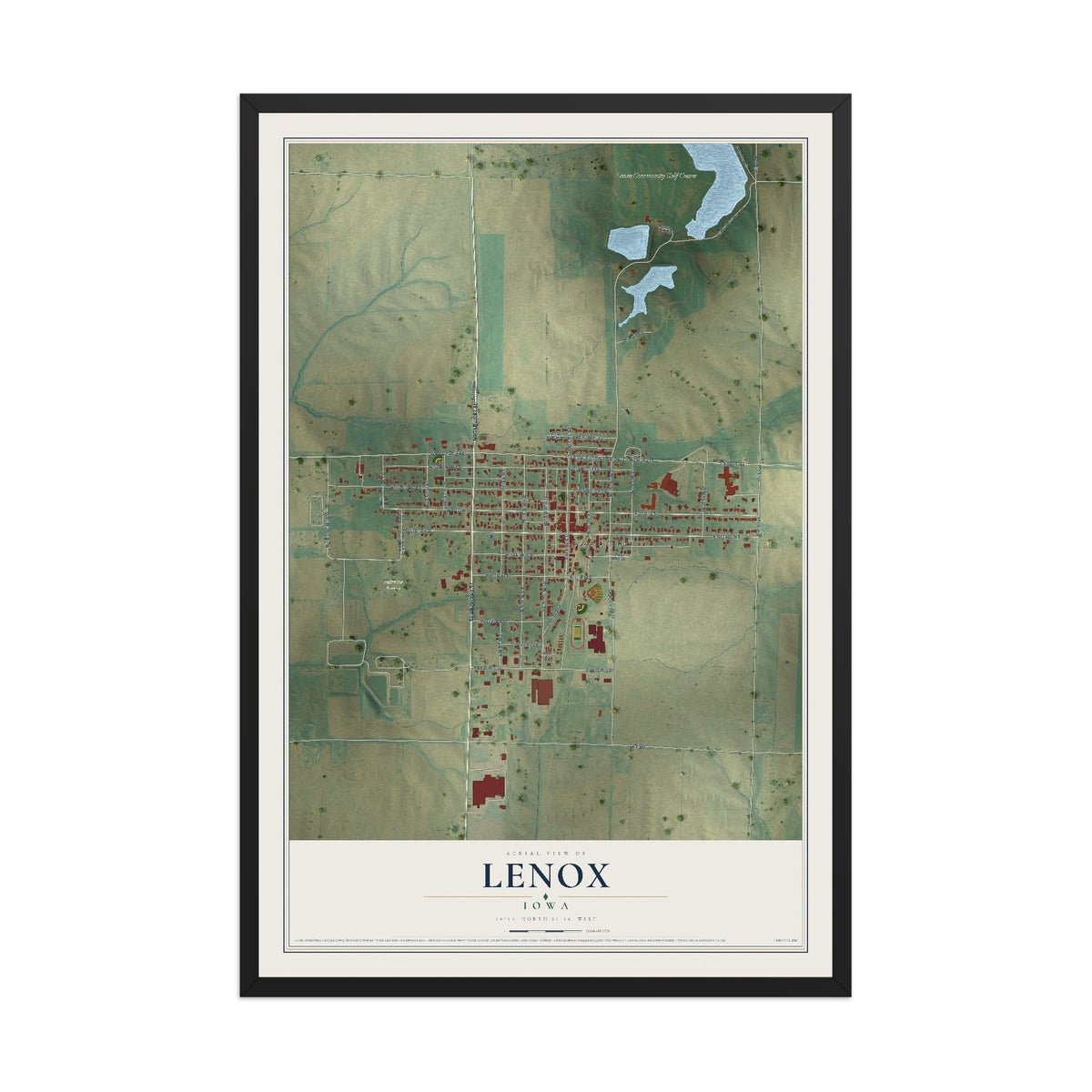 Map of Lenox, Iowa, 12 x 18 inch print in a black wood frame