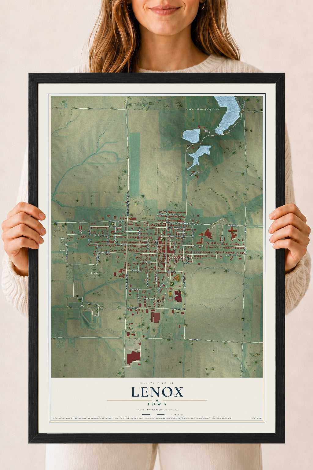 Map of Lenox, Iowa, 18 x 24 inch print in a black wood frame