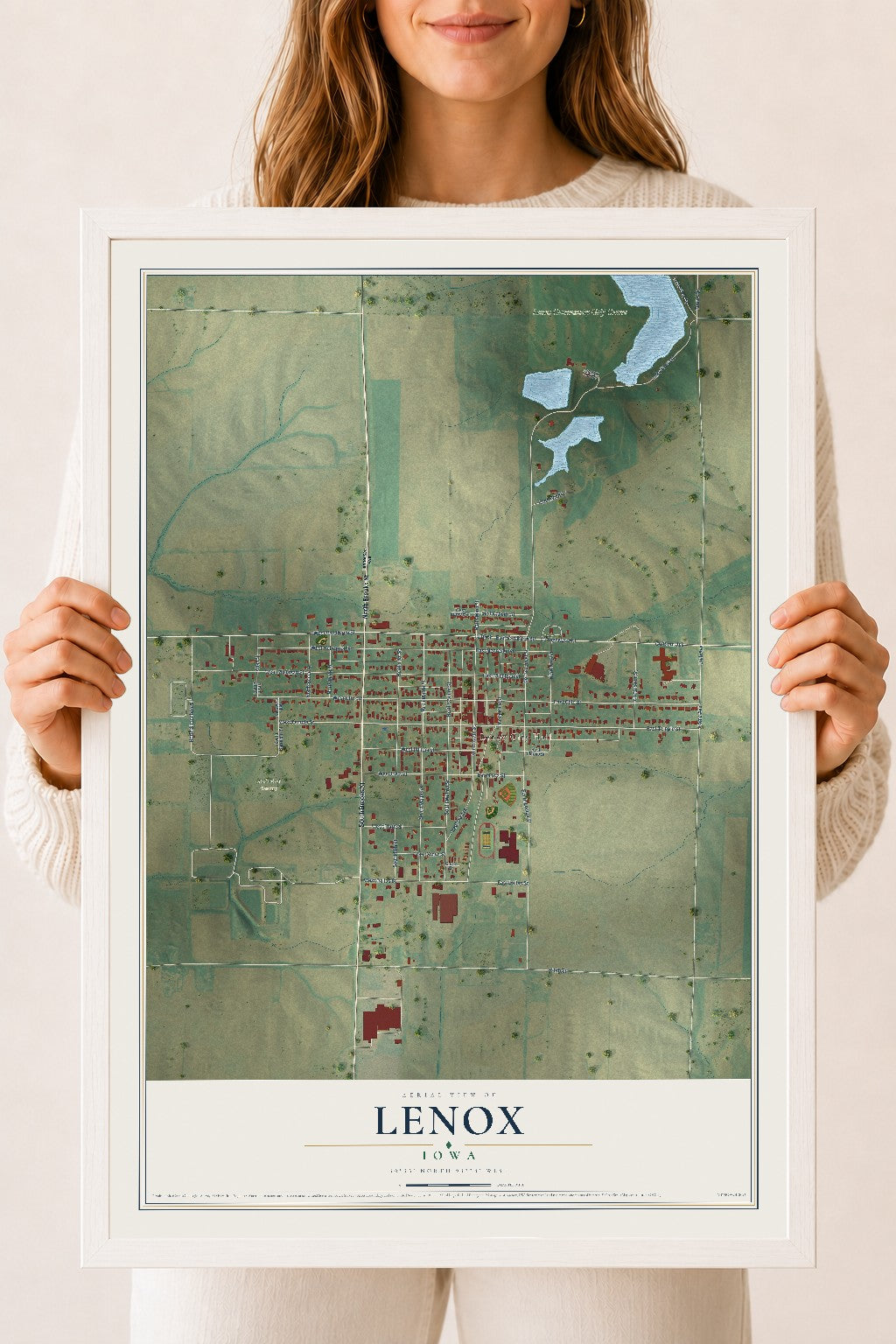 Map of Lenox, Iowa, 18 x 24 inch print in a white wood frame