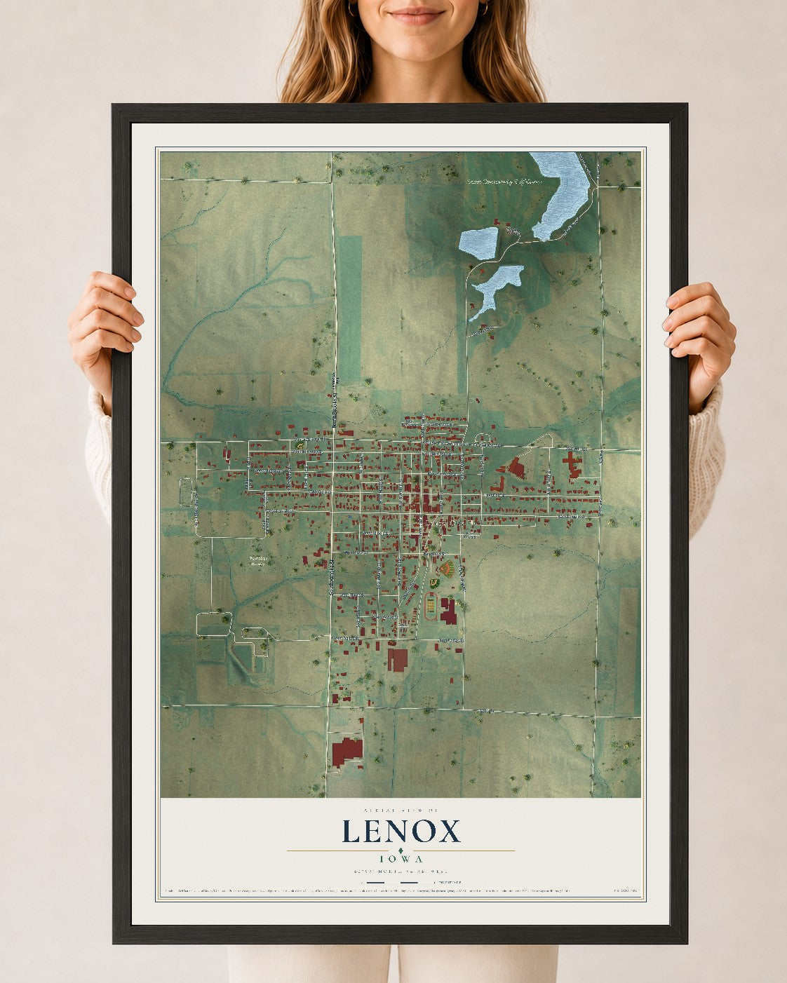 Map of Lenox, Iowa, 24 x 36 inch print in a black wood frame