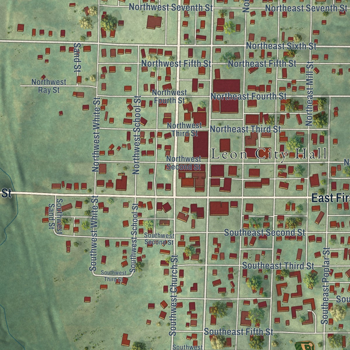 Close-up of the map of Leon, Iowa print showing street and building detail