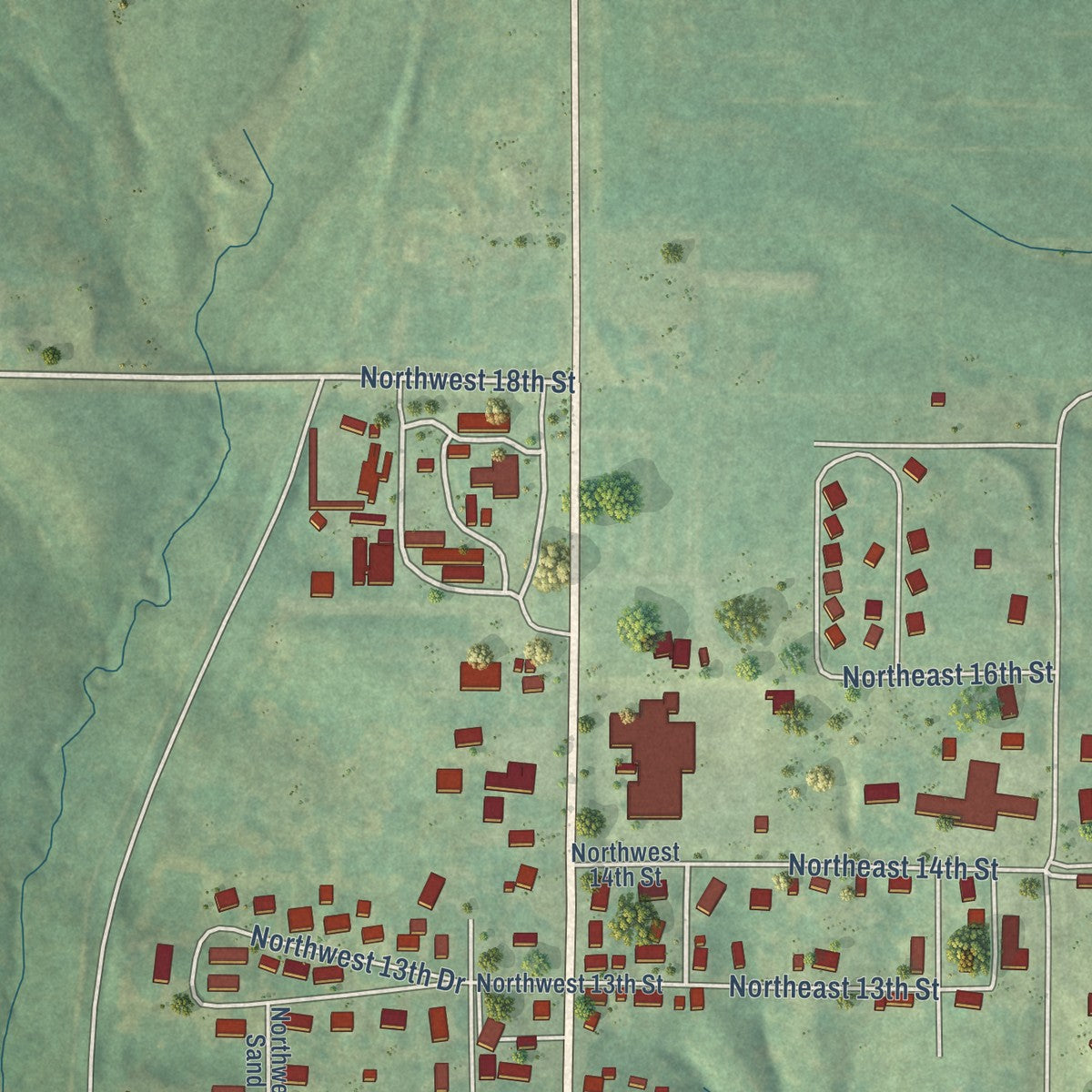 Second close-up of the map of Leon, Iowa print showing more streets and buildings