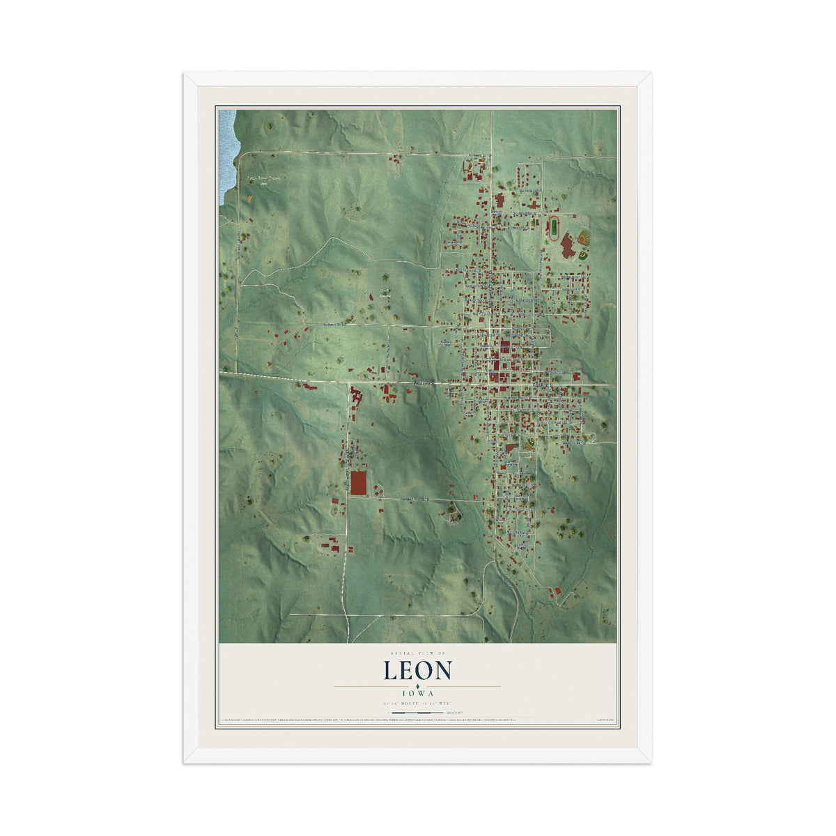 Map of Leon, Iowa, 12 x 18 inch print in a white wood frame