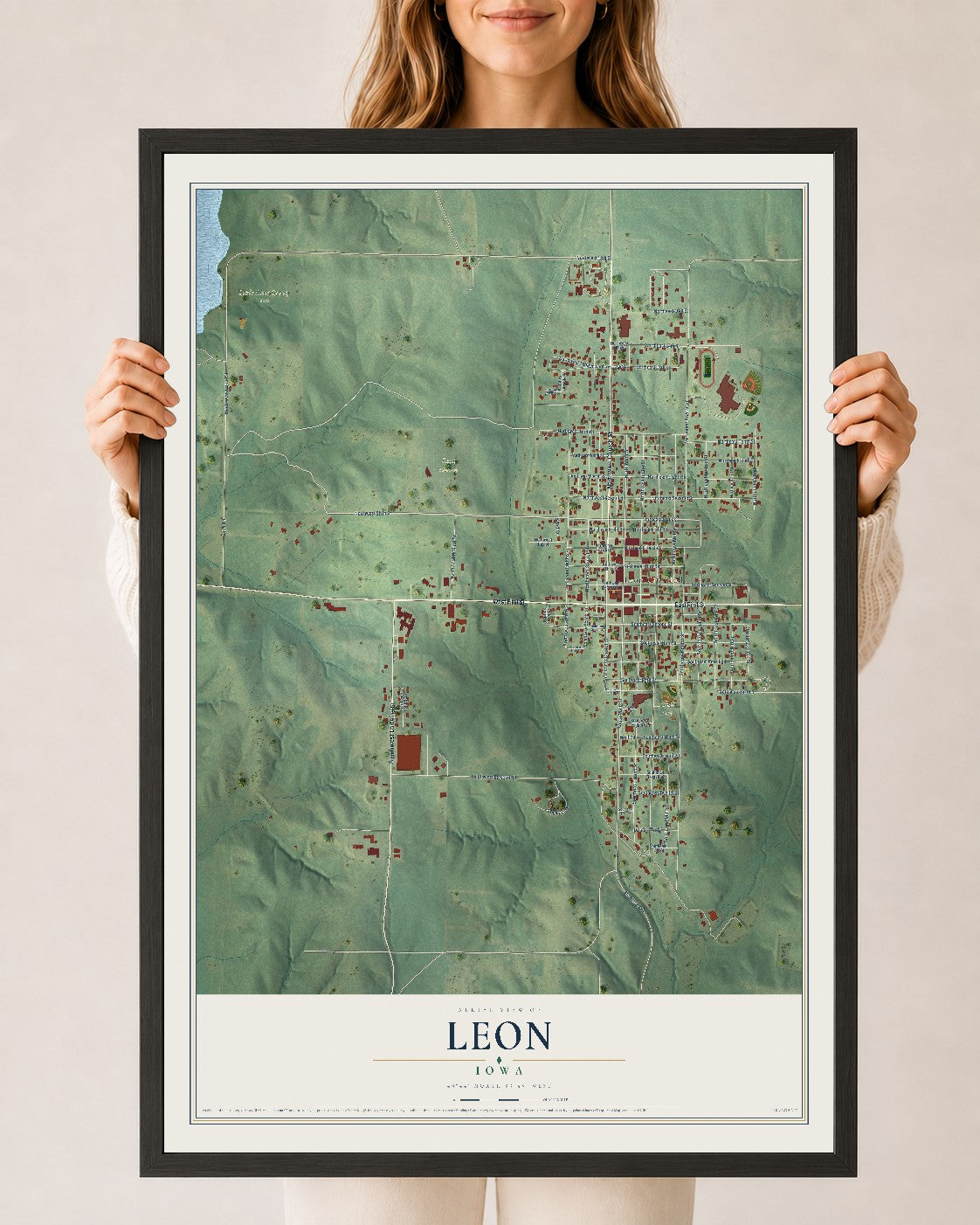 Map of Leon, Iowa, 24 x 36 inch print in a black wood frame